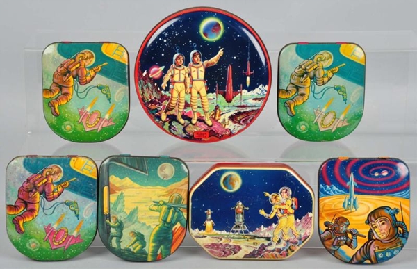 LOT OF 7: SPACE RELATED ENGLISH TOFFEE TINS.      