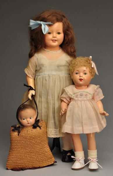 LOT OF 2 EFFANBEE COMPOSITION DOLLS & DOLL PURSE. 