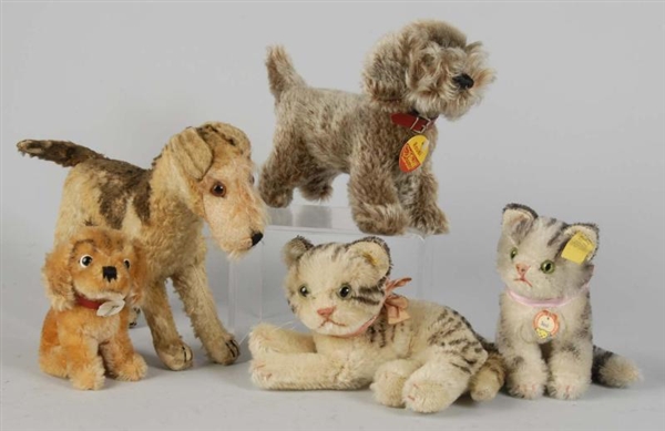 LOT OF 5: STEIFF MOHAIR CATS AND DOGS.            
