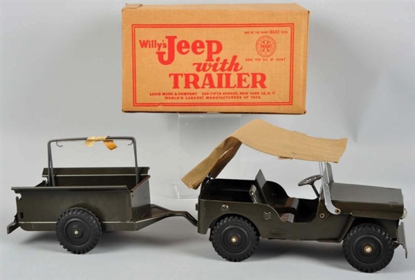 PRESSED STEEL MARX ARMY JEEP WITH TRAILER TOY.    