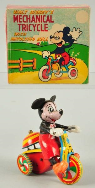 TIN LINEMAR DISNEY MICKEY TRICYCLE WIND-UP TOY.   
