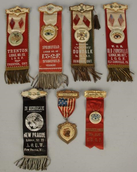 LOT OF 7: RIBBONS & CELLULOID PINS.               