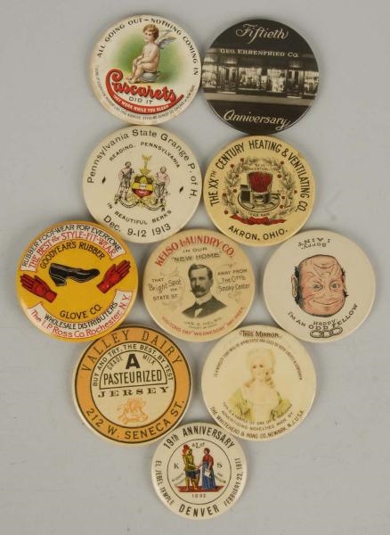 LOT OF 10: CELLULOID ADVERTISING POCKET MIRRORS.  