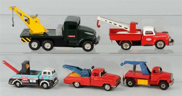 LOT OF 5: TIN LITHO WRECKER TRUCK FRICTION TOYS.  