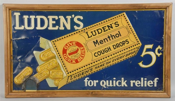 EMBOSSED TIN LUDENS COUGH DROP SIGN.              