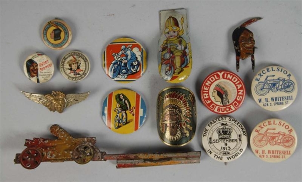 LOT OF 14: MOTORCYCLE BUTTONS, CLICKERS, & PINS.  