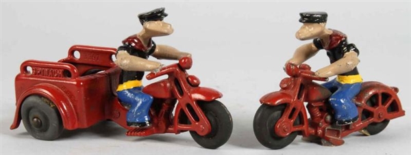 LOT OF 2: CAST IRON POPEYE MOTORCYCLE TOYS.       