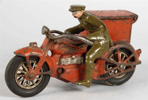 CAST IRON VINDEX PDQ DELIVERY MOTORCYCLE TOY.     