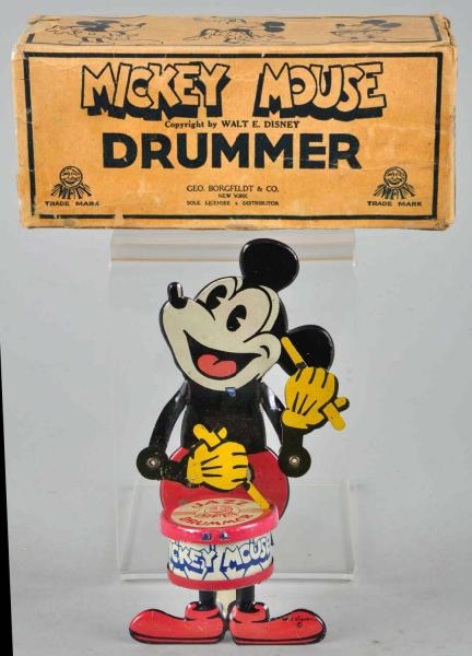TIN DISNEY MICKEY MOUSE JAZZ DRUMMER WIND-UP TOY. 