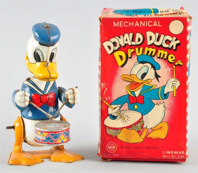 TIN LITHO LINEMAR DONALD DUCK DRUMMER WIND-UP TOY 