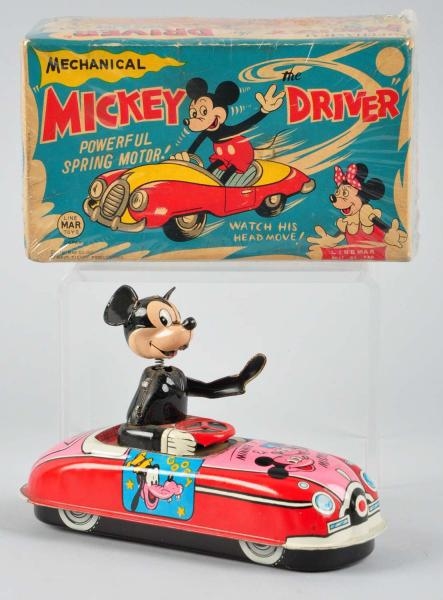 TIN LINEMAR DISNEY MICKEY THE DRIVER WIND-UP TOY. 