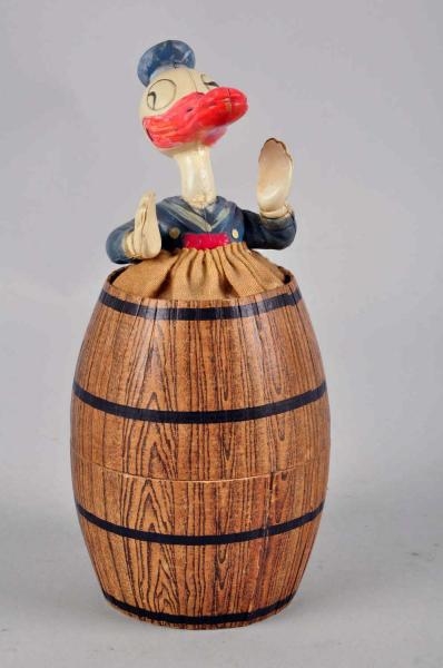 CELLULOID DISNEY DONALD DUCK IN BARREL TOY.       