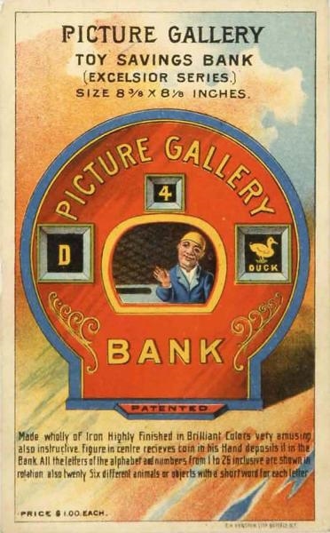 PICTURE GALLERY MECHANICAL BANK TRADE CARD.       