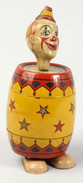 TIN LITHO CHEIN CLOWN IN BARREL WIND-UP TOY.      