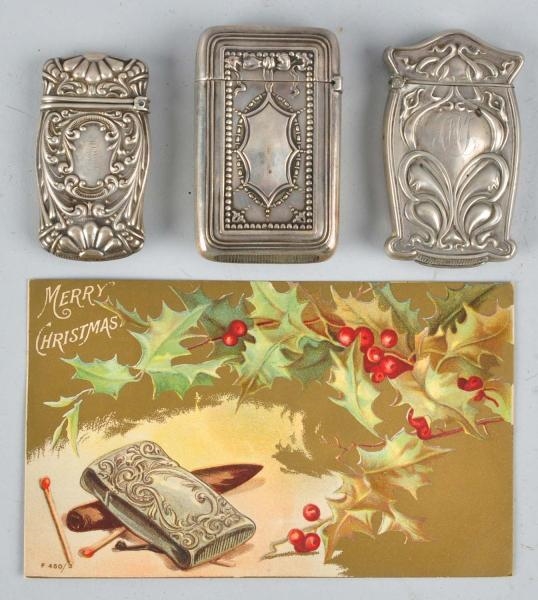 LOT OF 3 STERLING MATCH SAFES & 1 POSTCARD.       