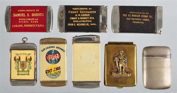 LOT OF 8: ADVERTISING MATCH SAFES.                