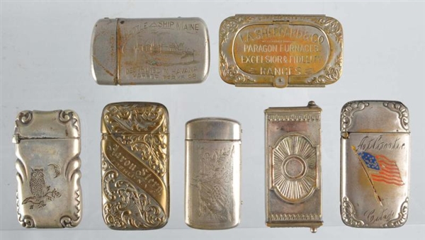 LOT OF 7: METAL ADVERTISING MATCH SAFES.          