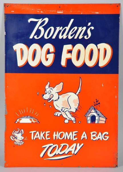 1950S EMBOSSED TIN BORDENS DOG FOOD SIGN.        