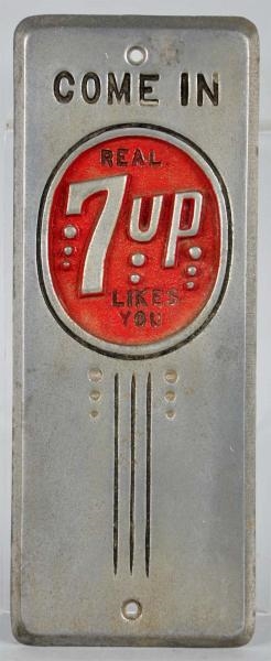 1930S - 1940S EMBOSSED ALUMINUM 7-UP DOOR PUSH.   