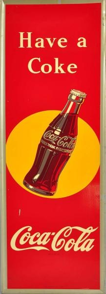 1948 TIN COCA-COLA SIGN WITH BOTTLE.              