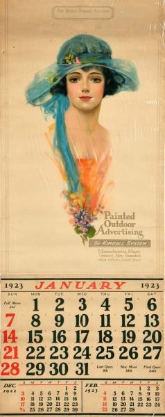 1923 PAINTED OUTDOOR ADVERTISING CALENDAR.        