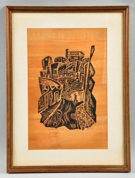 WOODBLOCK PRINT ON PAPER TITLED "COLONIAL TOWN".  