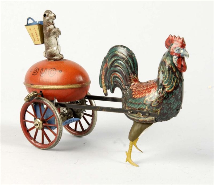 TIN LITHO LEHMANN DUO ROOSTER PULLING RABBIT TOY. 