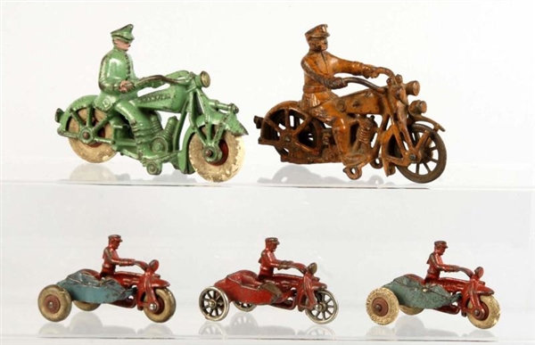 LOT OF 5: CAST IRON MOTORCYCLE TOYS.              