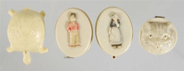 LOT OF 4: CELLULOID FIGURAL SEWING TAPE MEASURES. 