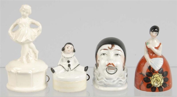 LOT OF 4: PORCELAIN FIGURAL SEWING TAPE MEASURES. 