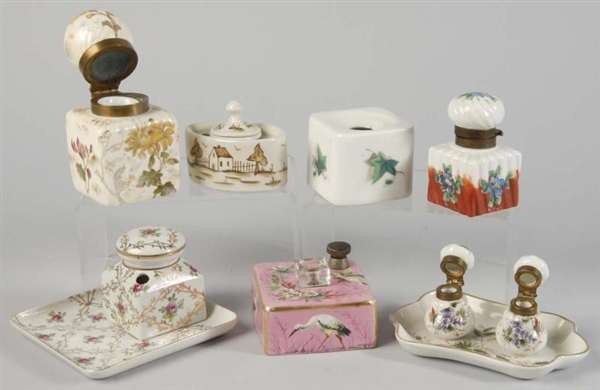 LOT OF 7: HANDPAINTED CHINA & BISQUE INKWELLS.    