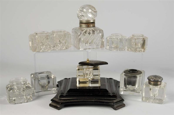 LOT OF 9: CRYSTAL & GLASS INKWELLS.               