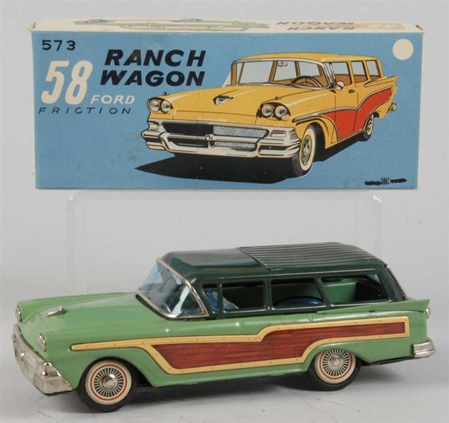 TIN LITHO FORD RANCH WAGON FRICTION TOY.          