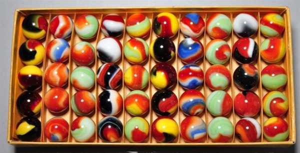 AKRO AGATE RED BOX OF 50 TRI-COLOR MARBLES.       