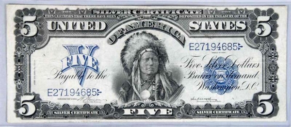 1899 $5 SILVER CERTIFICATE INDIAN CHIEF F.        
