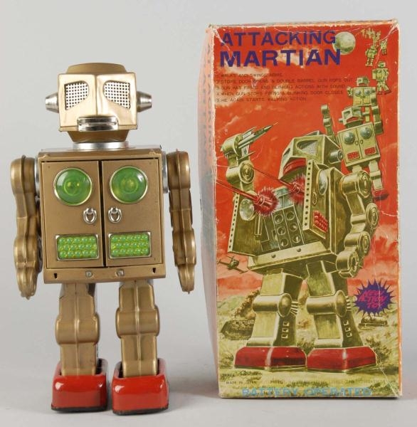 TIN LITHO ATTACKING MARTIAN ROBOT BATTERY-OP TOY. 