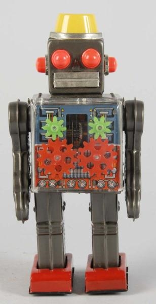 TIN LITHO GEAR ROBOT BATTERY-OPERATED TOY.        