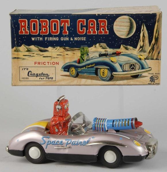 TIN LITHO SPACE PATROL ROBOT FRICTION TOY.        