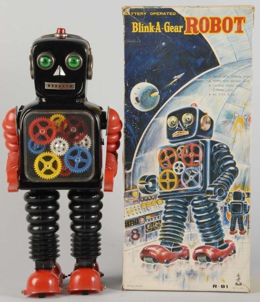 TIN LITHO BLINK-A-GEAR BATTERY-OPERATED ROBOT.    
