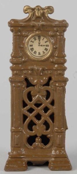 CAST IRON HALL CLOCK WITH PAPER FACE STILL BANK.  