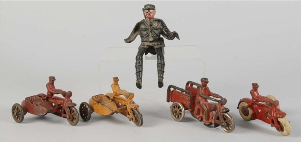 LOT OF 5: CAST IRON HUBLEY MOTORCYCLES & DRIVER.  