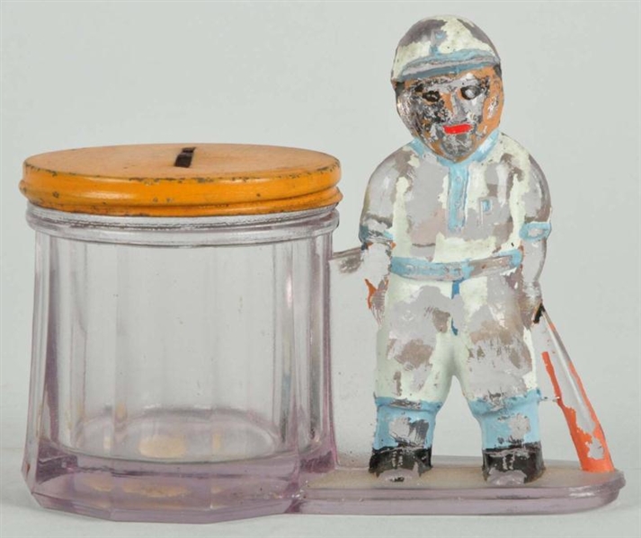 GLASS BASEBALL PLAYER WITH BAT CANDY CONTAINER.   