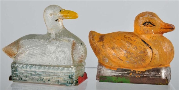 LOT OF 2: GLASS DUCK CANDY CONTAINERS.            