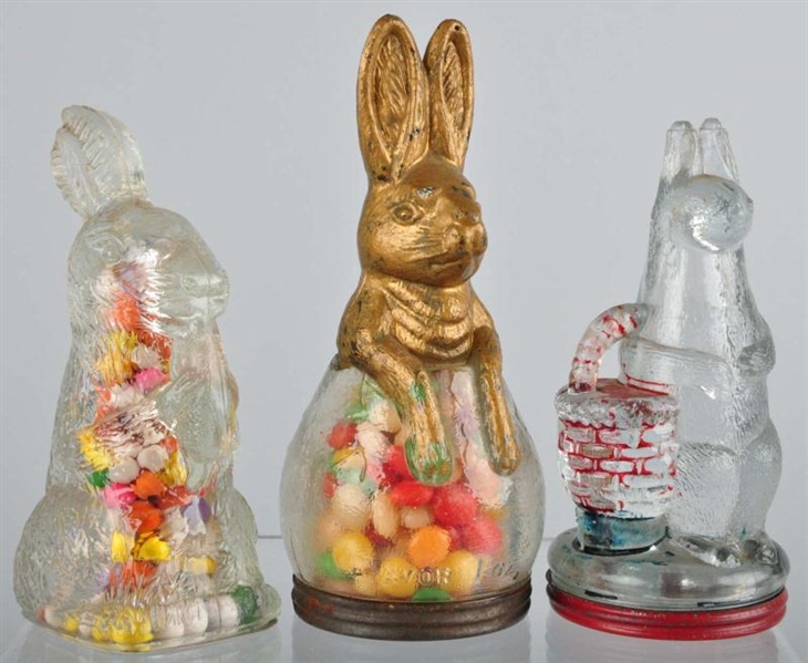 LOT OF 3: GLASS RABBIT CANDY CONTAINERS.          