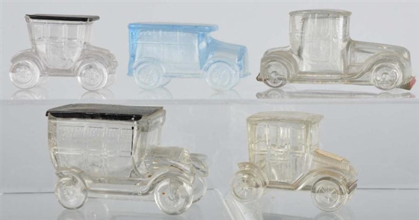 LOT OF 5: GLASS AUTOMOBILE CANDY CONTAINERS.      