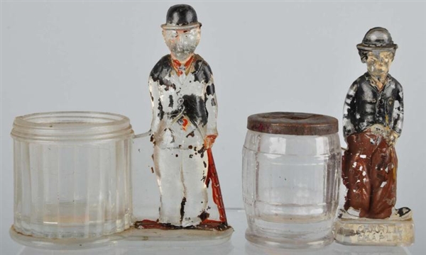 LOT OF 2: GLASS CHARLIE CHAPLIN CANDY CONTAINERS. 