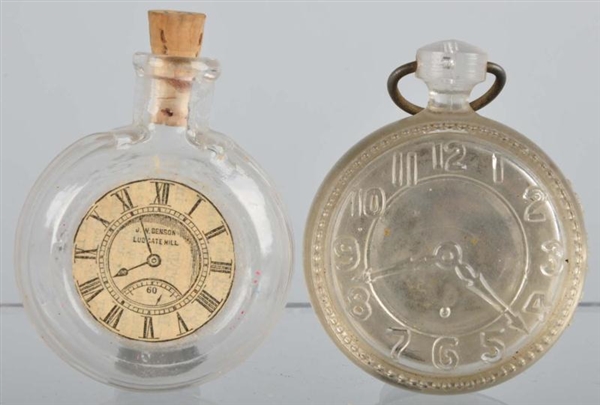 LOT OF 2: GLASS POCKET WATCH CANDY CONTAINERS.    