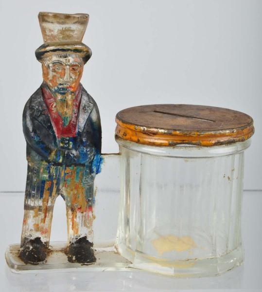 GLASS UNCLE SAM BY BARREL CANDY CONTAINER.        