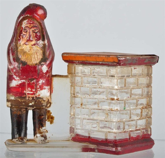 GLASS SANTA CLAUS BY CHIMNEY CANDY CONTAINER.     