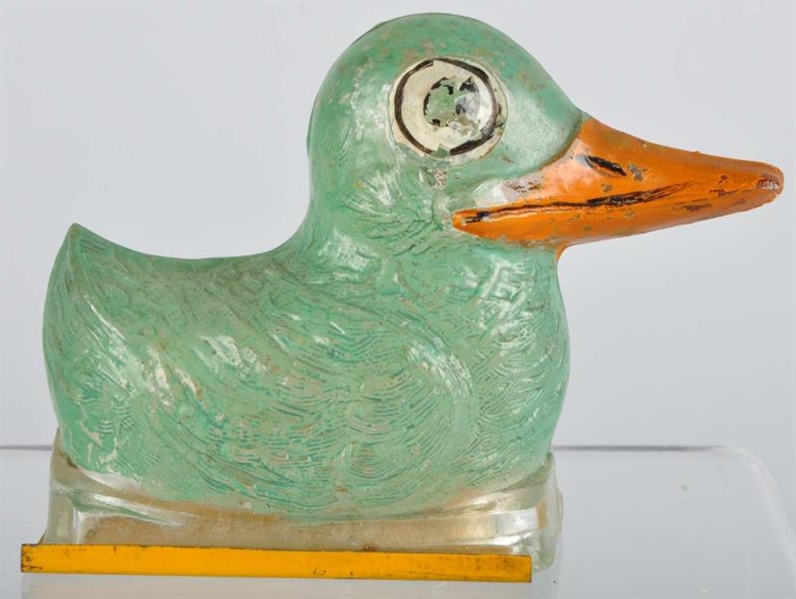 PAINTED GREEN GLASS DUCK CANDY CONTAINER.         